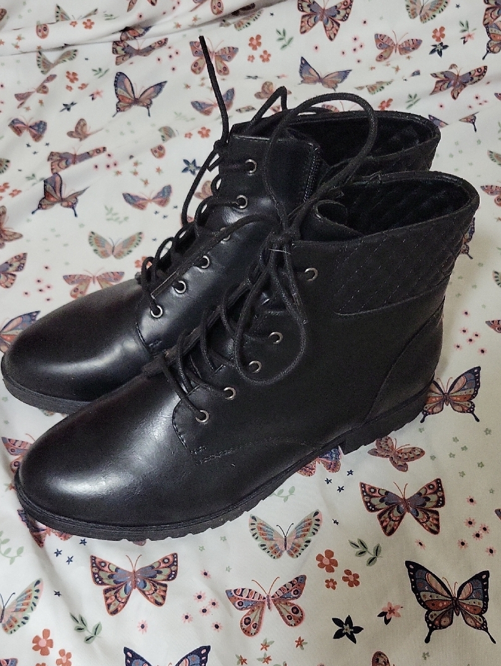 Black Zip-Up/Lace-Up Quilted Ankle Boots - Women